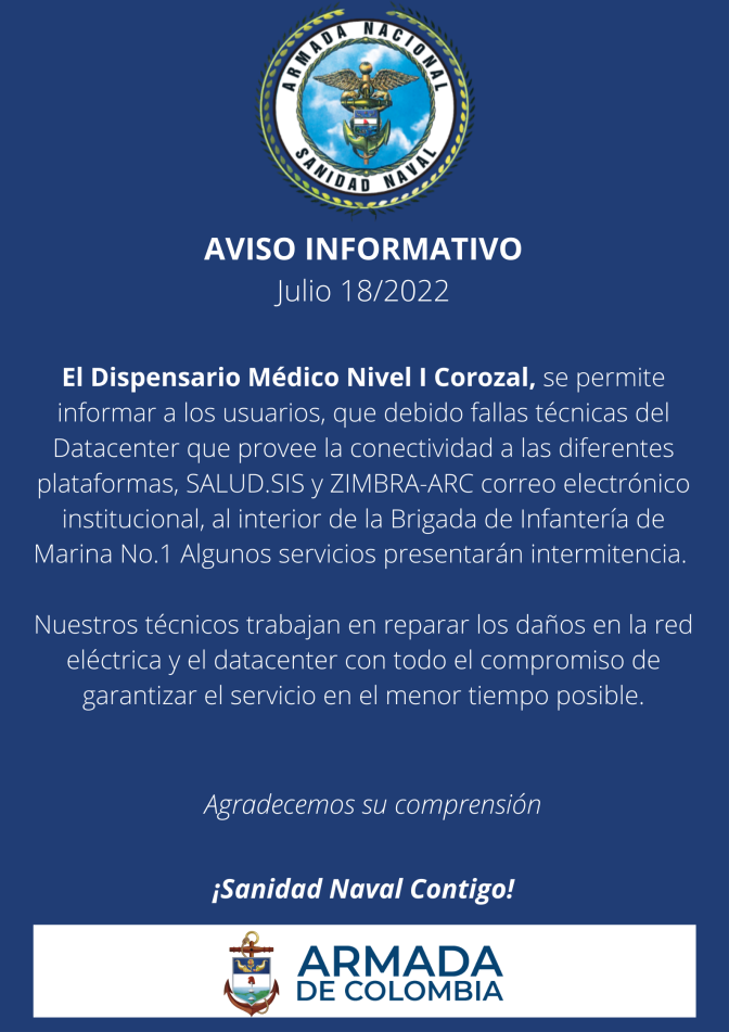 AVISO INFORMATIVO - FALLAS TÉCNICAS EN DATACENTER COROZAL