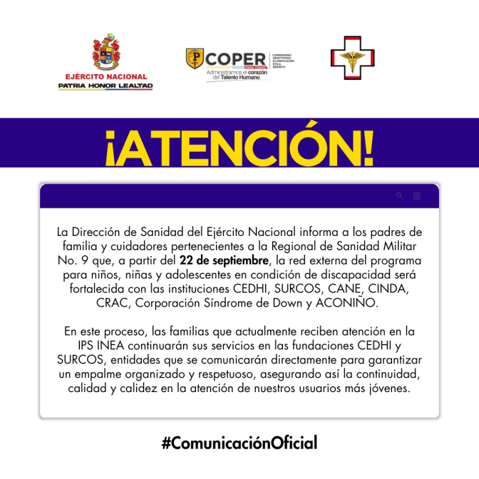 La Regional de Sanidad Militar No. 9 fortalece la atención a niños, niñas y adolescentes en condició